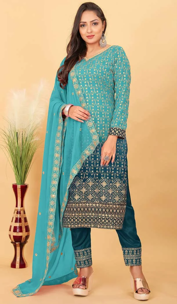 Blue Faux Georgette Embroidered Party Wear Salwar Suit - 144688920