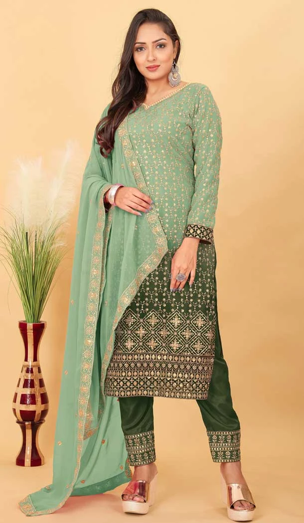Pista Green Faux Georgette Embroidered Party Wear Salwar Suit - 144688922
