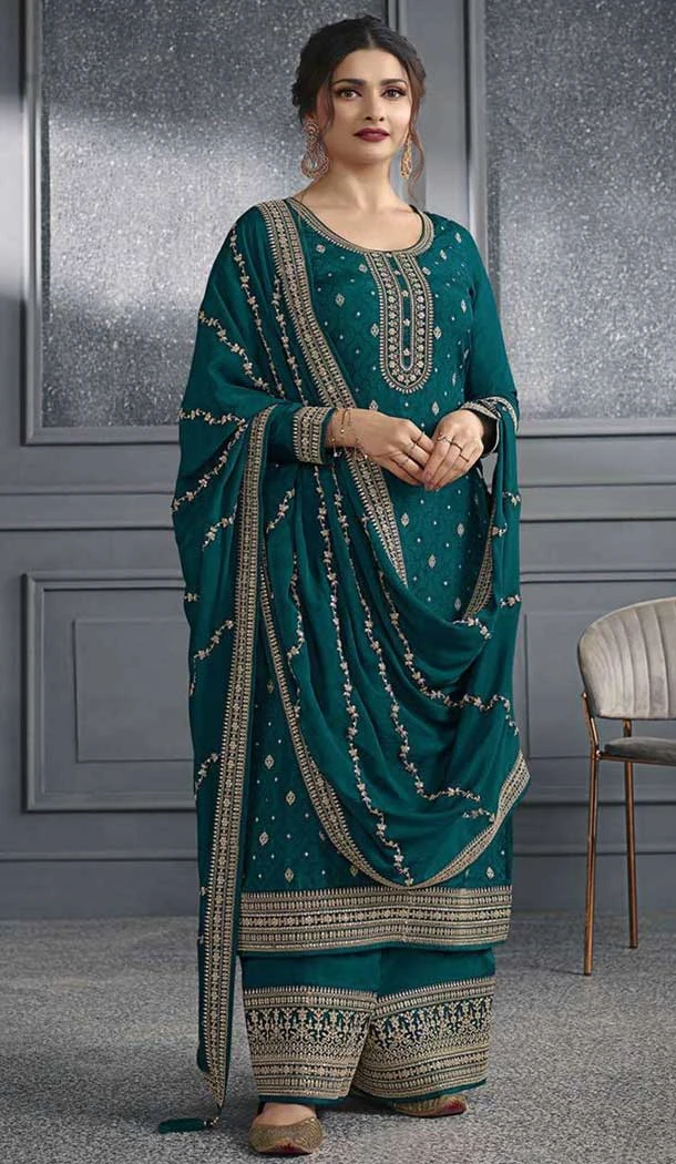 Teal Green Dola Silk Embroidered Prachi Desai Palazzo Suit - 144939095