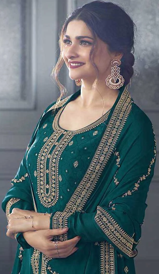 Teal Green Dola Silk Embroidered Prachi Desai Palazzo Suit - 144939095