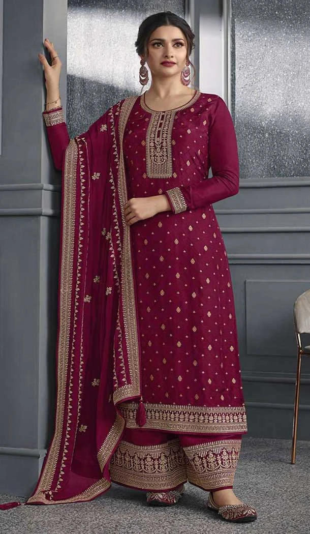 Wine Dola Silk Embroidered Prachi Desai Palazzo Suit - 144939096
