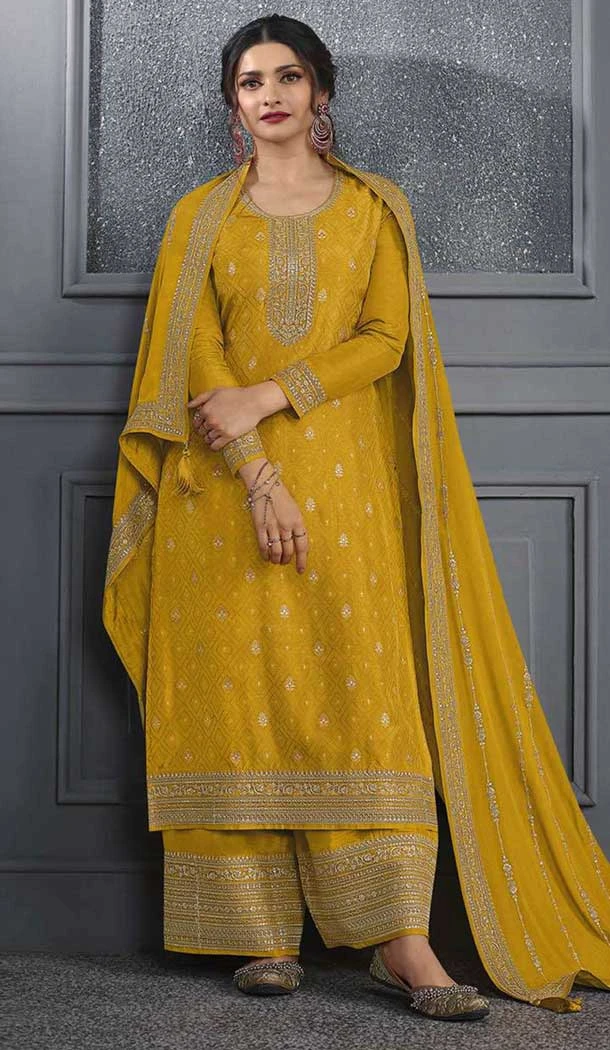 Yellow Dola Silk Embroidered Prachi Desai Palazzo Suit - 144939097