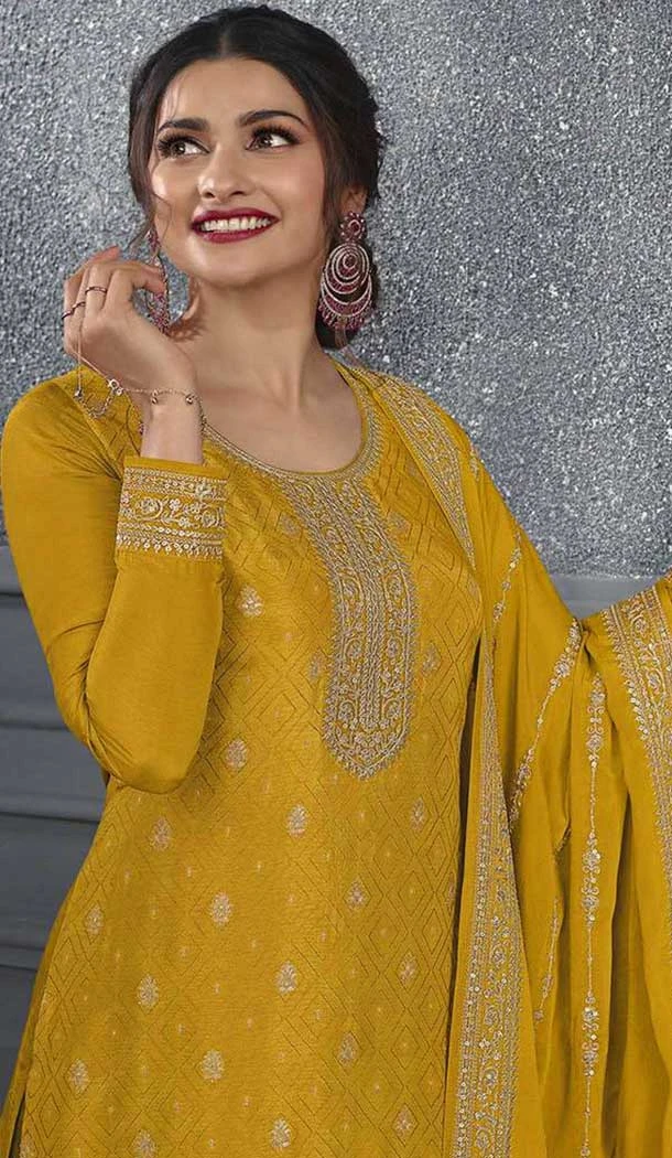 Yellow Dola Silk Embroidered Prachi Desai Palazzo Suit - 144939097
