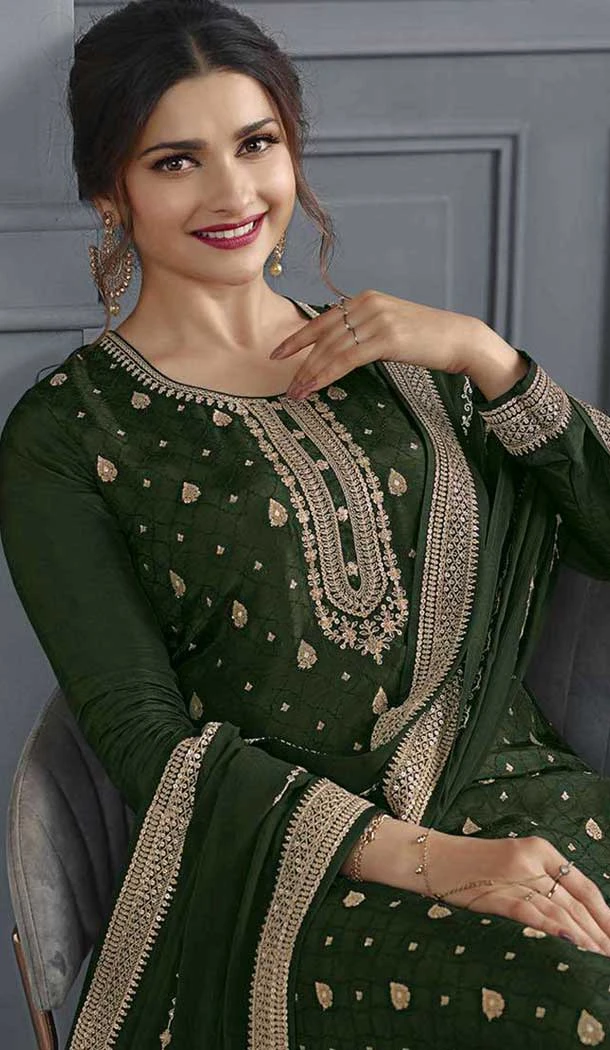 Green Dola Silk Embroidered Prachi Desai Palazzo Suit - 144939098
