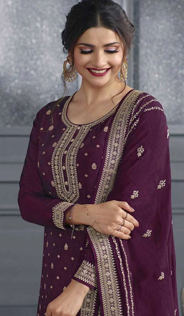 Purple Dola Silk Embroidered Prachi Desai Palazzo Suit - 144939099