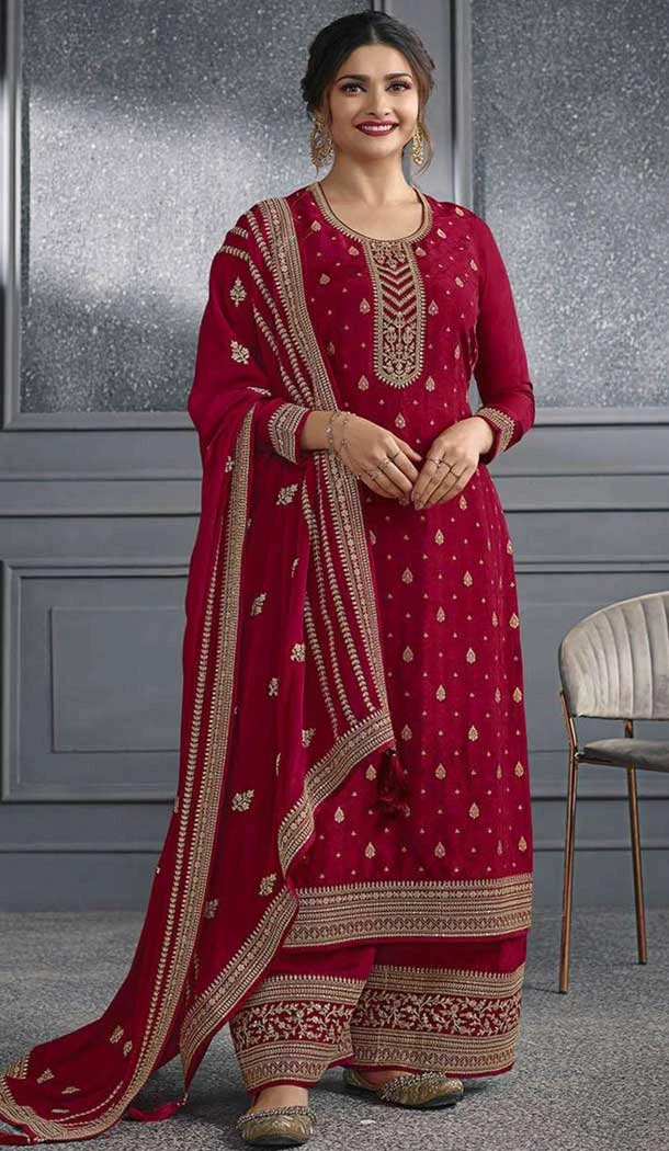 Red Dola Silk Embroidered Prachi Desai Palazzo Suit - 144939101