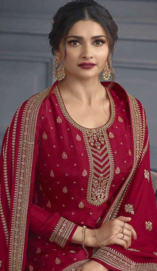 Red Dola Silk Embroidered Prachi Desai Palazzo Suit - 144939101