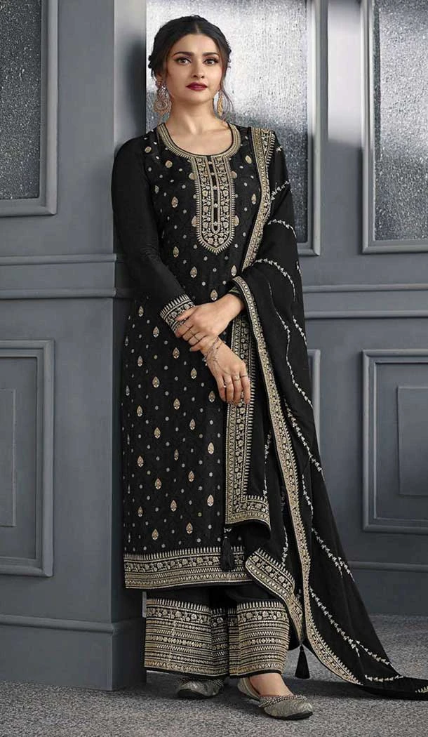Black Dola Silk Embroidered Prachi Desai Palazzo Suit - 144939102