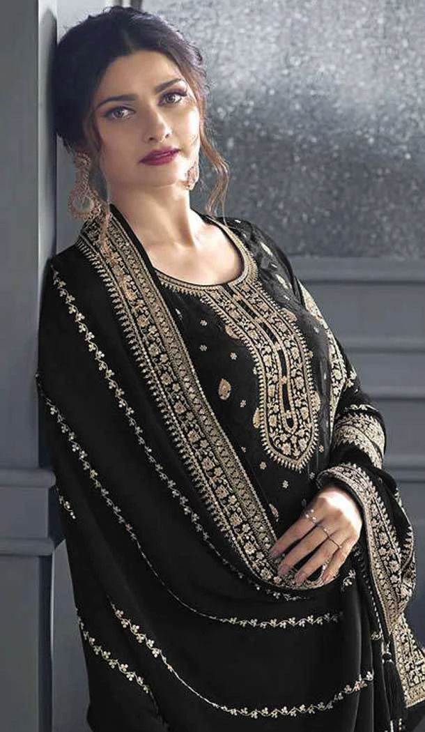Black Dola Silk Embroidered Prachi Desai Palazzo Suit - 144939102