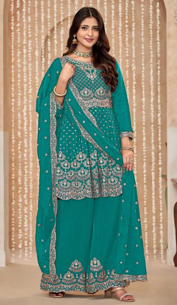 Rama Green Chinon Embroidered Designer Palazzo Salwar Kameez - 145079177