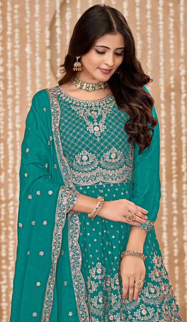 Rama Green Chinon Embroidered Designer Palazzo Salwar Kameez - 145079177