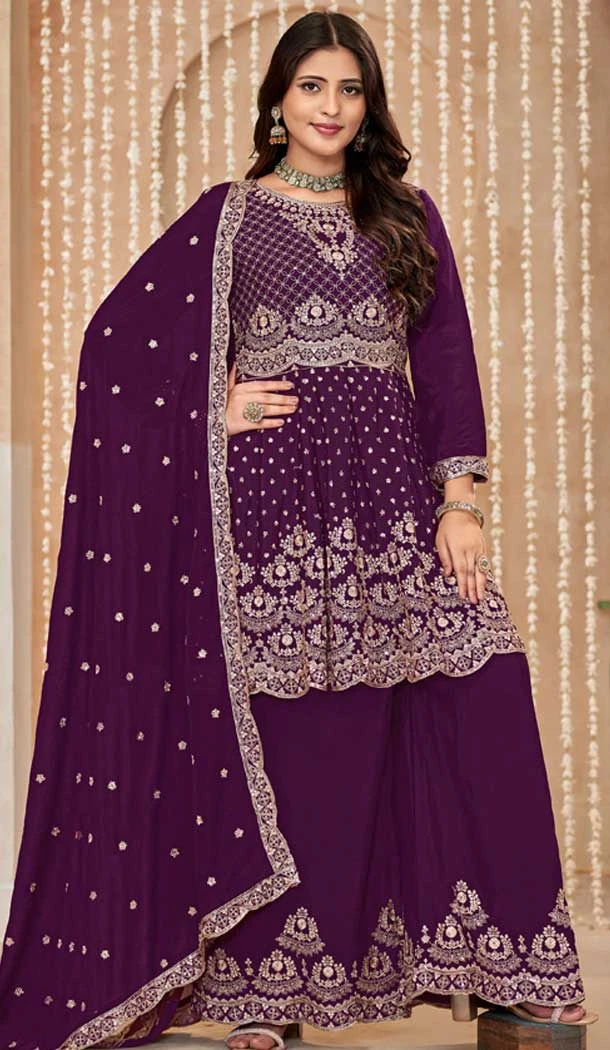 Wine Chinon Embroidered Designer Palazzo Salwar Kameez - 145079178