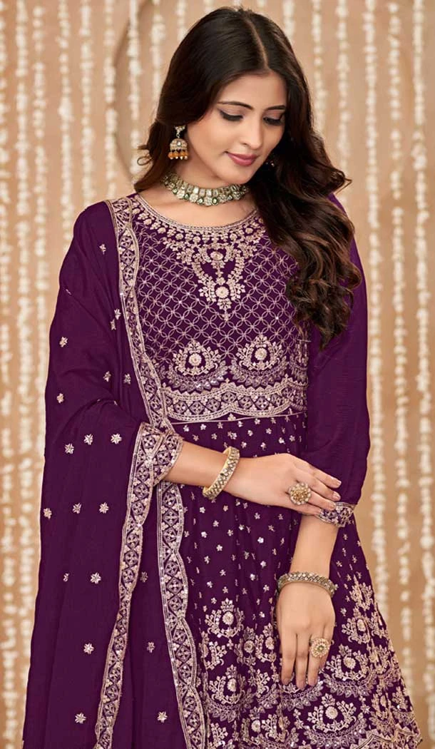 Wine Chinon Embroidered Designer Palazzo Salwar Kameez - 145079178