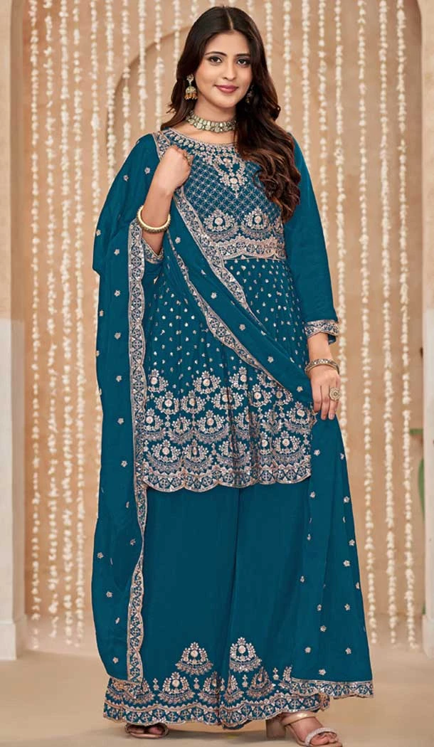 Blue Chinon Embroidered Designer Palazzo Salwar Kameez - 145079179