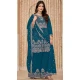 Blue Chinon Embroidered Designer Palazzo Salwar Kameez - 145079179