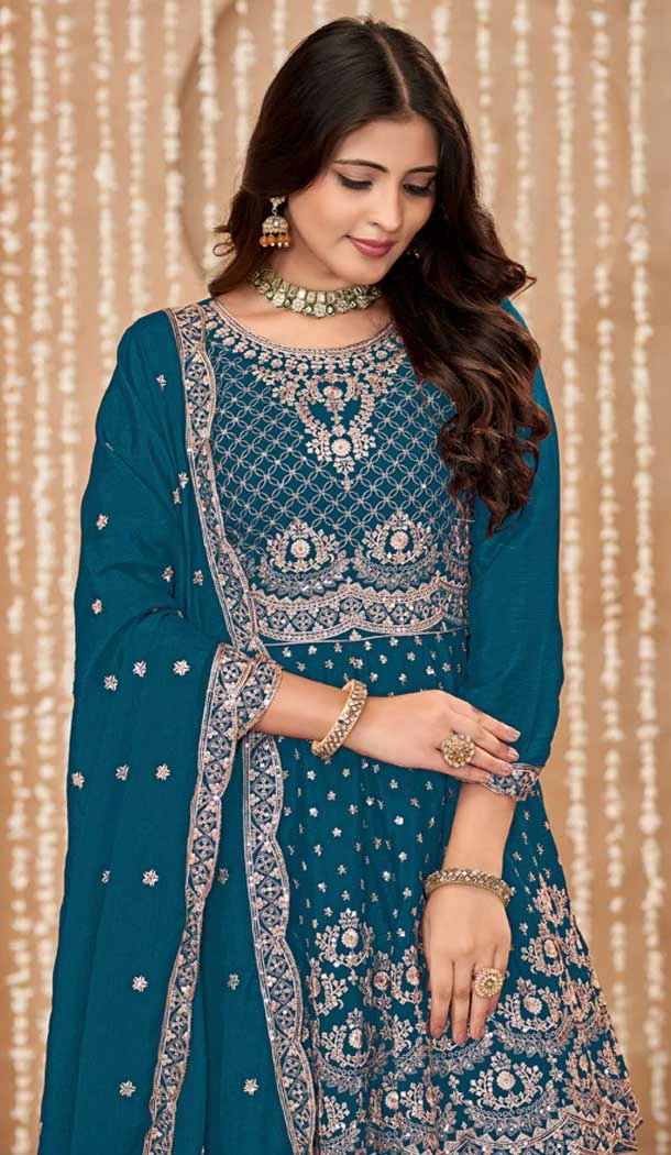 Blue Chinon Embroidered Designer Palazzo Salwar Kameez - 145079179