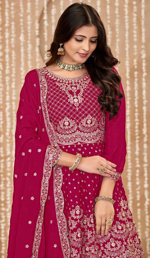 Pink Chinon Embroidered Designer Palazzo Salwar Kameez - 145079180