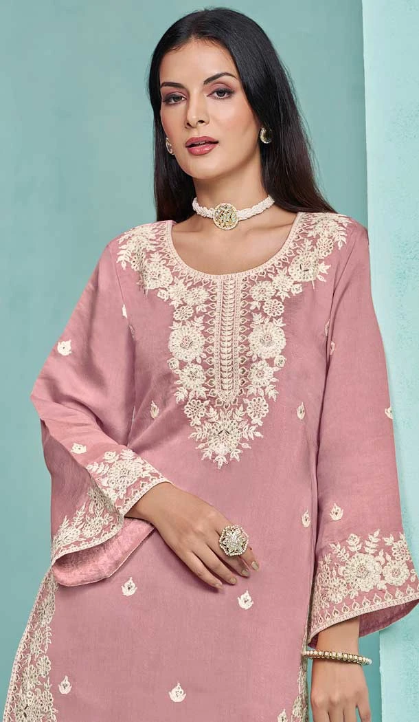 Pink Roman Silk Embroidered Party Wear Sharara Suit - 145159217
