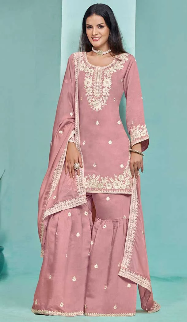 Pink Roman Silk Embroidered Party Wear Sharara Suit - 145159217
