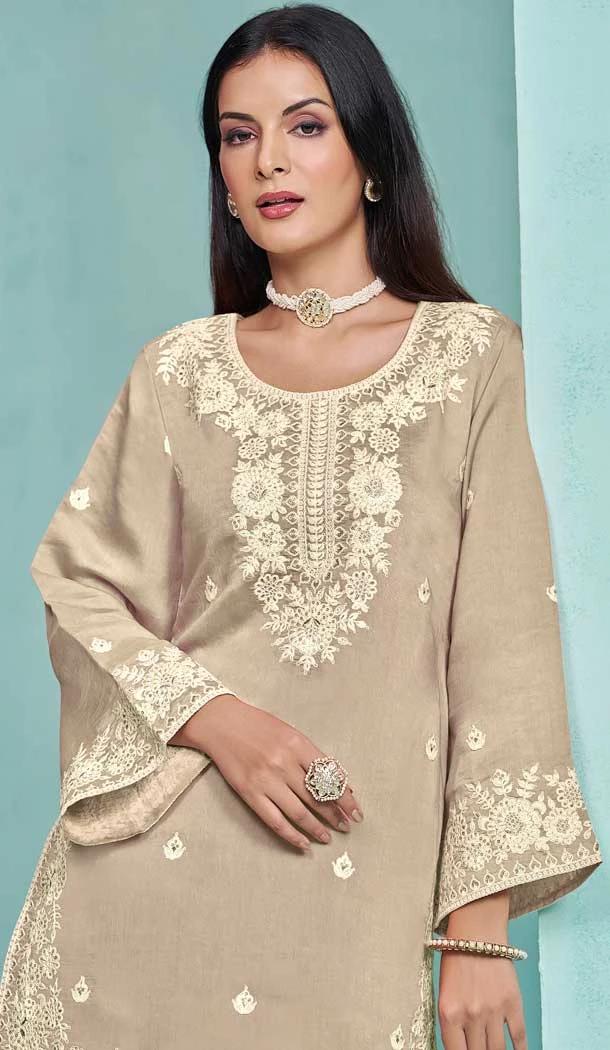 Beige Roman Silk Embroidered Party Wear Sharara Suit - 145159218