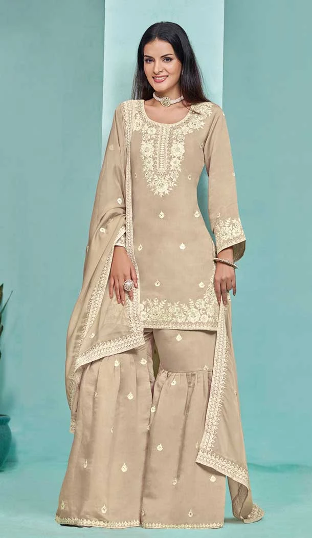 Beige Roman Silk Embroidered Party Wear Sharara Suit - 145159218