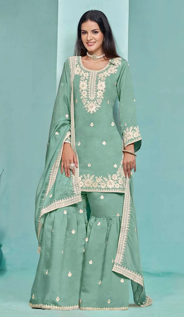Green Roman Silk Embroidered Party Wear Sharara Suit - 145159219