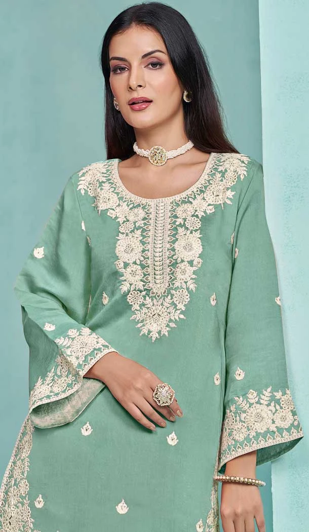 Green Roman Silk Embroidered Party Wear Sharara Suit - 145159219