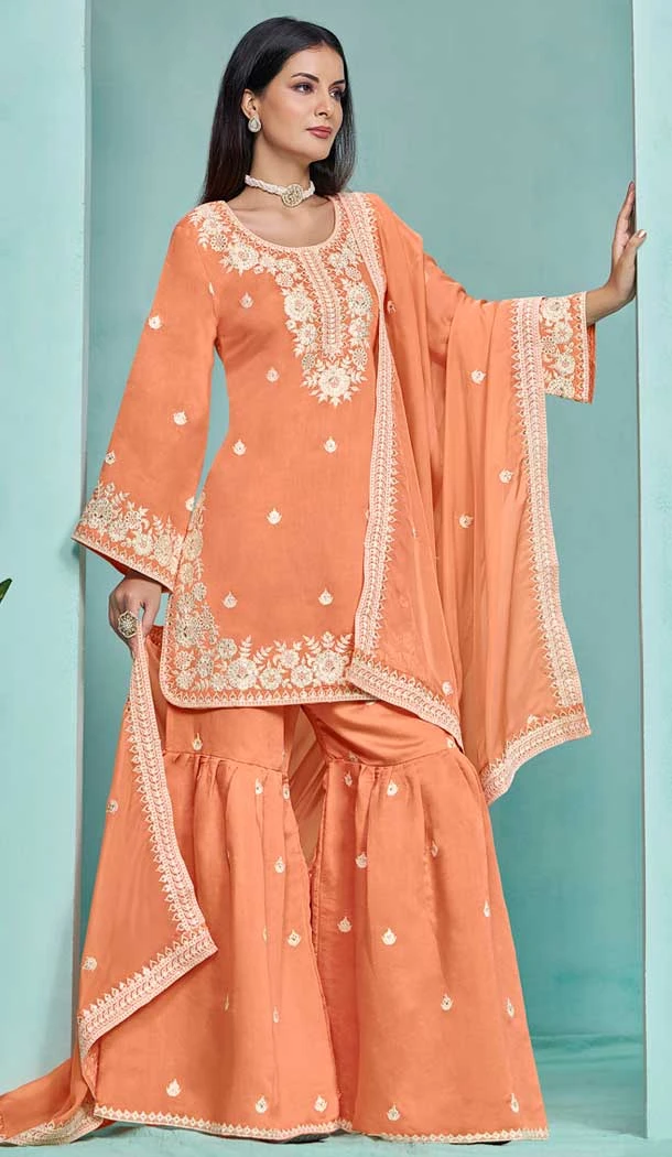 Orange Roman Silk Embroidered Party Wear Sharara Suit - 145159220