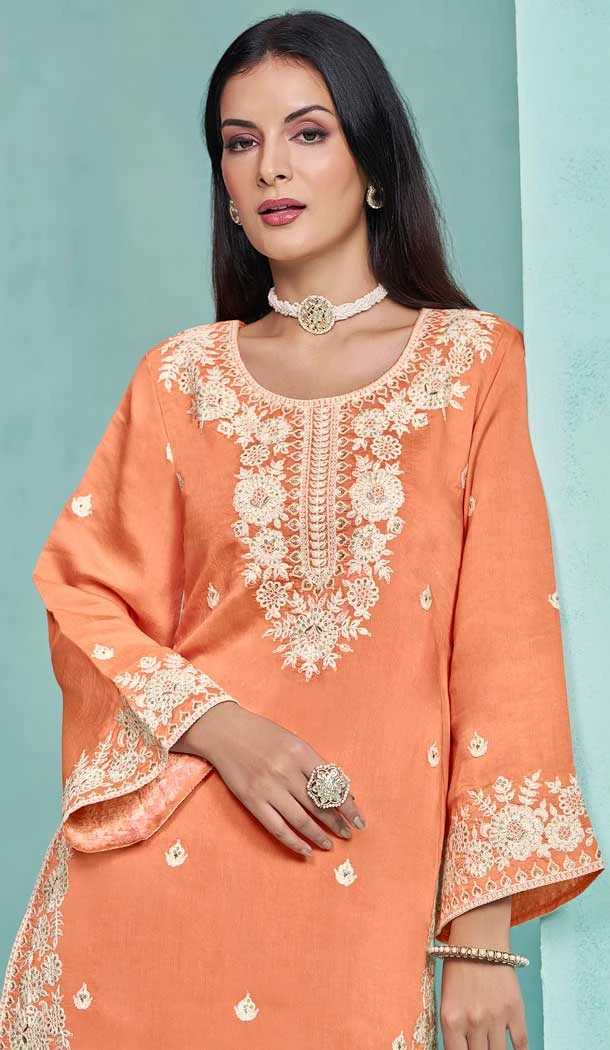 Orange Roman Silk Embroidered Party Wear Sharara Suit - 145159220