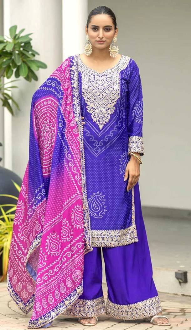 Purple Chinon Embroidery Work Party Wear Palazzo Salwar Suit - 145439381