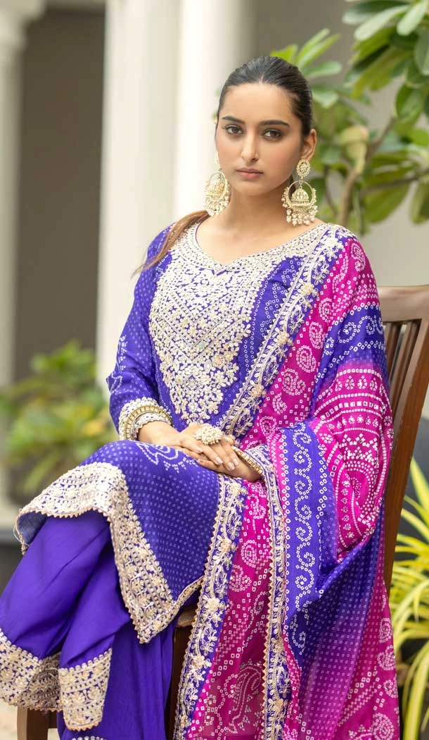 Purple Chinon Embroidery Work Party Wear Palazzo Salwar Suit - 145439381