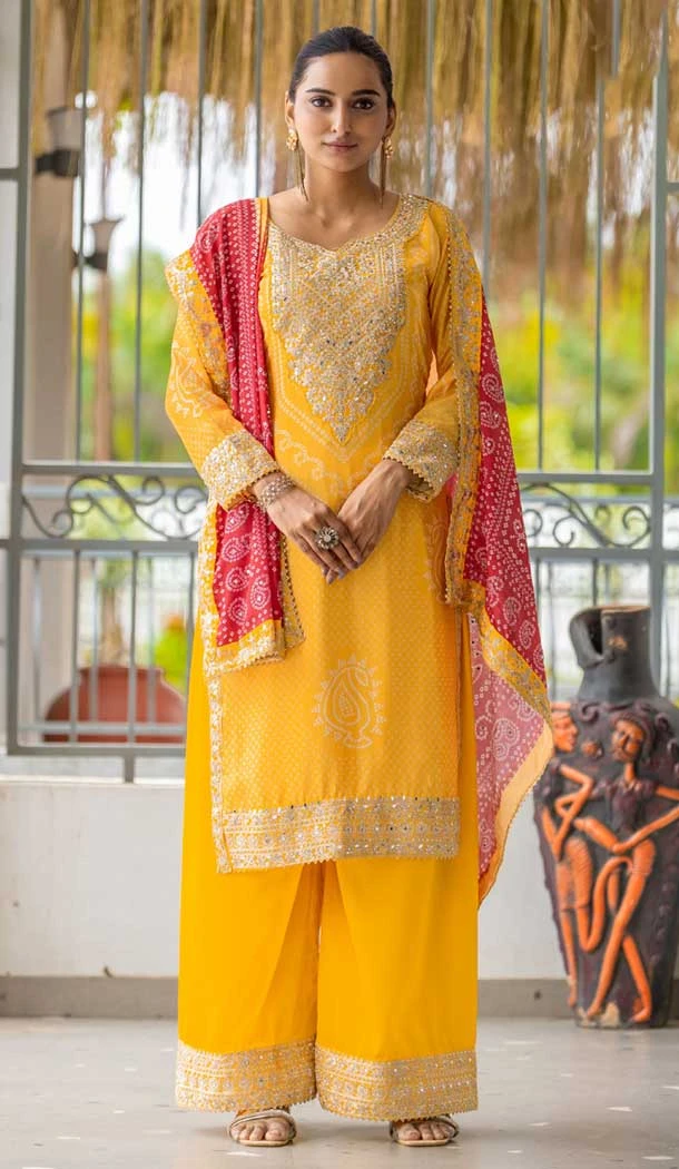 Yellow Chinon Embroidery Work Party Wear Palazzo Salwar Suit - 145439382