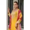 Yellow Chinon Embroidery Work Party Wear Plus Size Palazzo Salwar Suit - 145439382