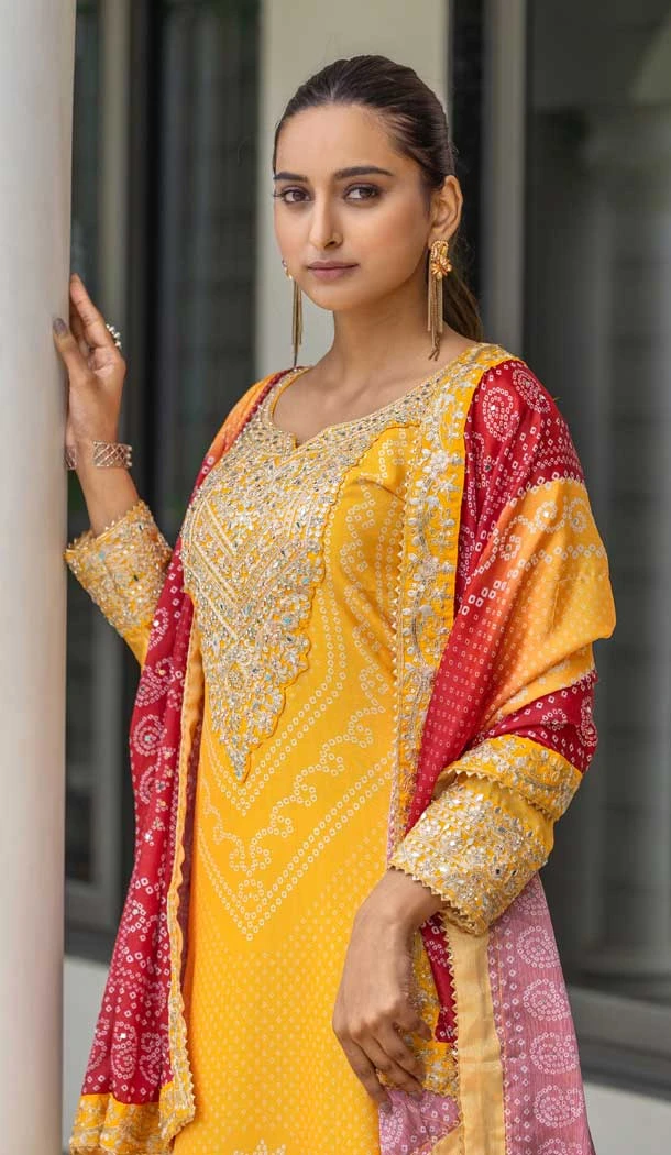 Yellow Chinon Embroidery Work Party Wear Palazzo Salwar Suit - 145439382