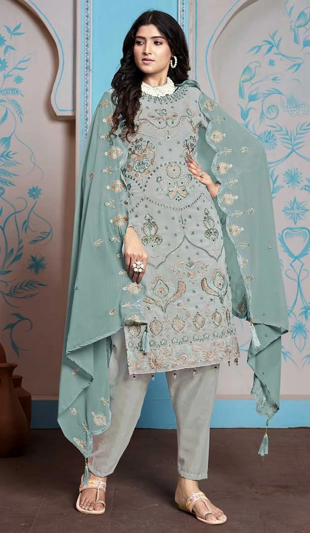 Faux Georgette Embroidered Pakistani Salwar Kameez In Grey - 145519433