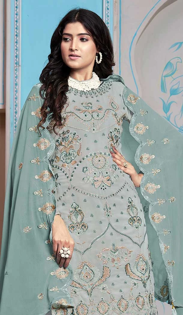 Faux Georgette Embroidered Pakistani Salwar Kameez In Grey - 145519433