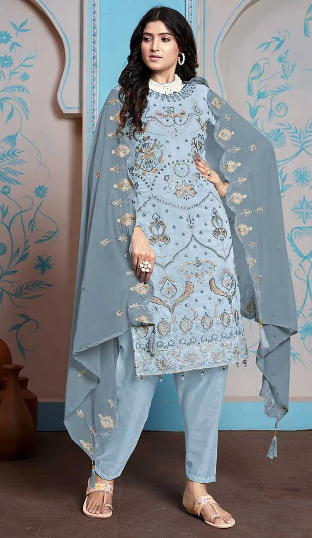 Faux Georgette Embroidered Pakistani Salwar Kameez In Blue - 145519434