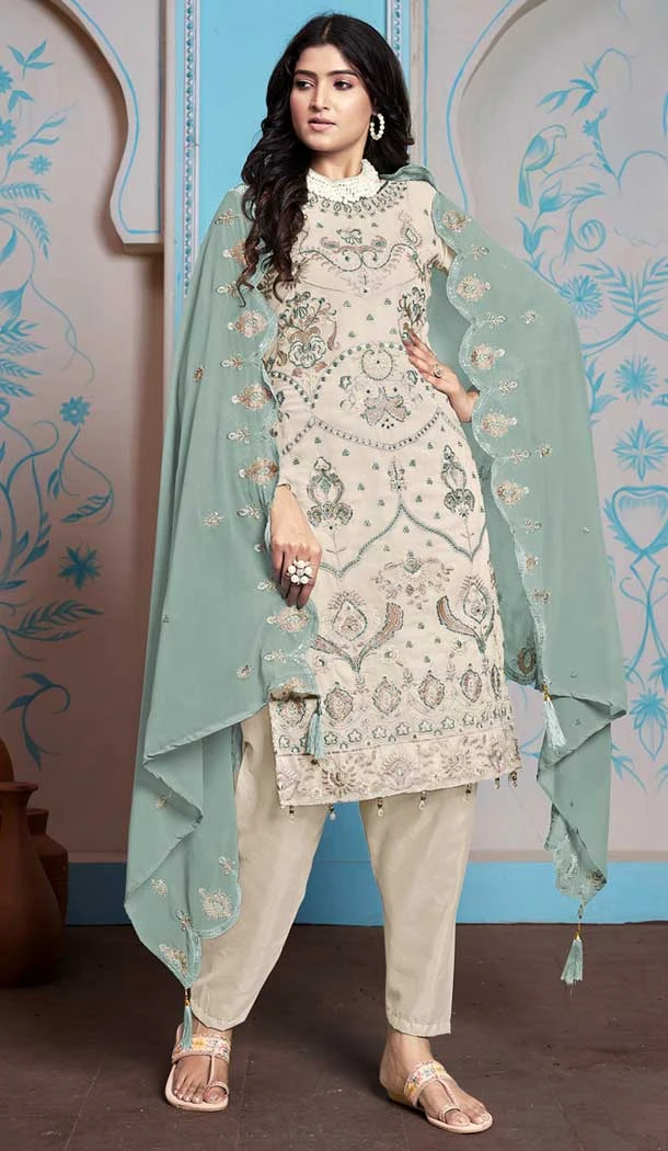 Faux Georgette Embroidered Pakistani Salwar Kameez In Cream - 145519435