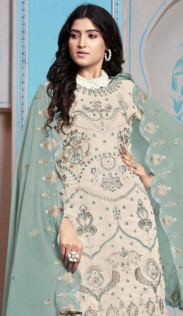 Faux Georgette Embroidered Pakistani Salwar Kameez In Cream - 145519435