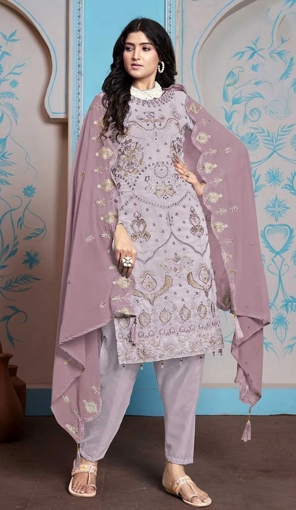 Faux Georgette Embroidered Pakistani Salwar Kameez In Purple - 145519436