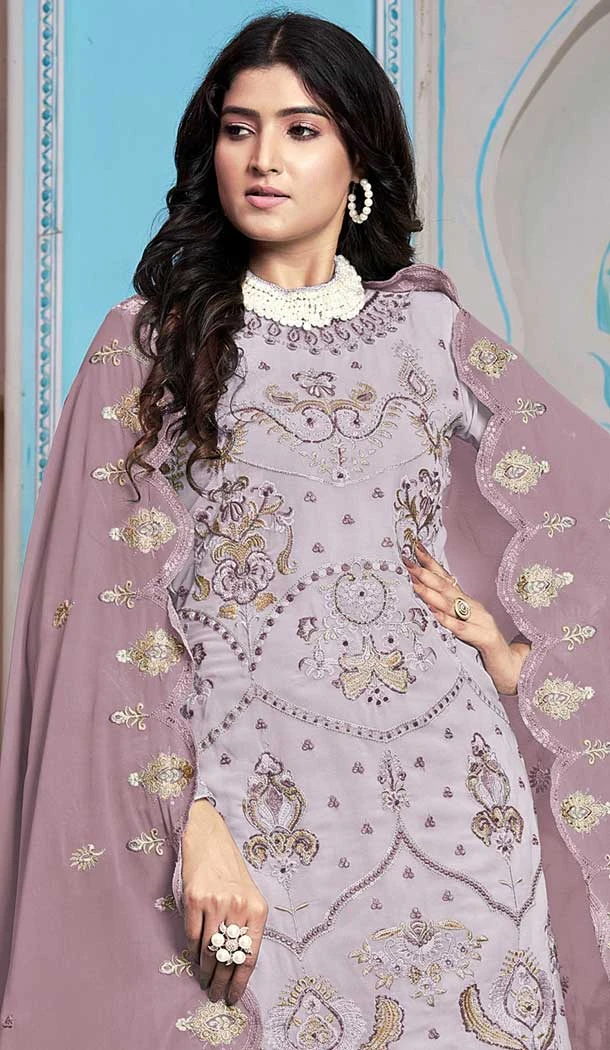 Faux Georgette Embroidered Pakistani Salwar Kameez In Purple - 145519436