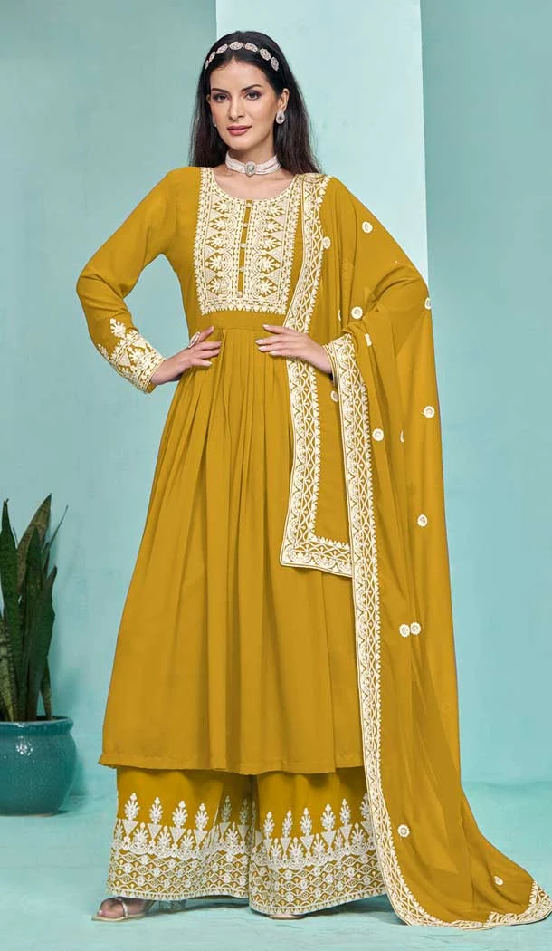 Mustard Georgette Embroidered Party Wear Palazzo Salwar Kameez - 145549448