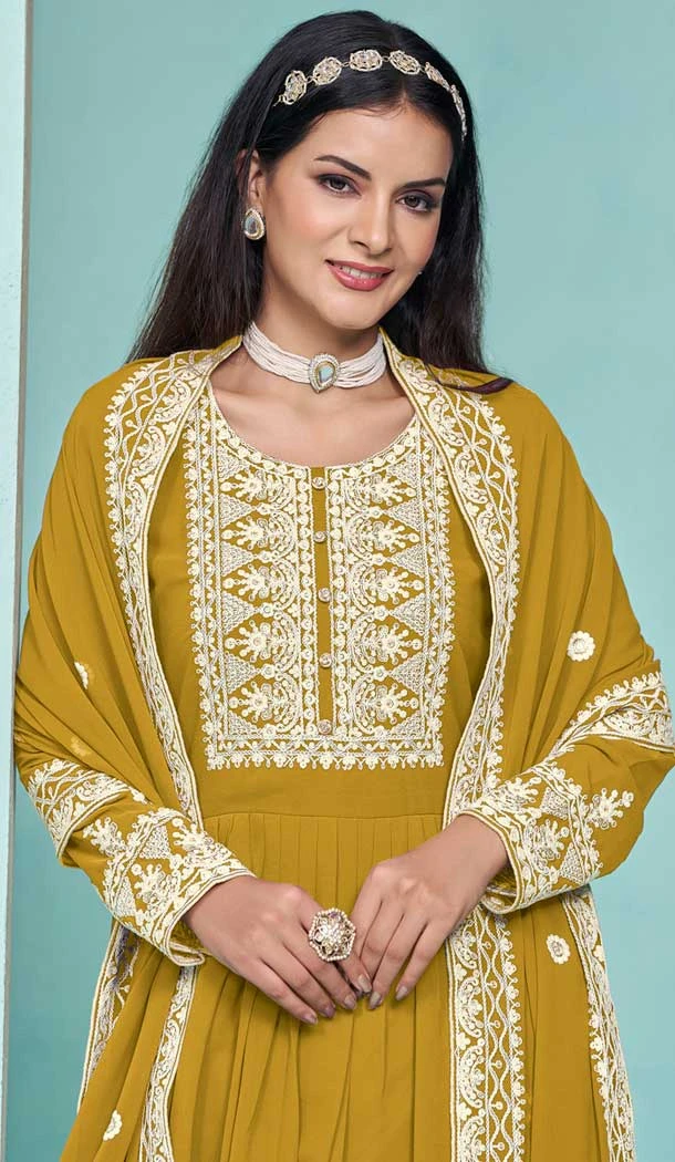 Mustard Georgette Embroidered Party Wear Palazzo Salwar Kameez - 145549448