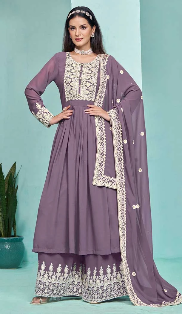 Violet Georgette Embroidered Party Wear Palazzo Salwar Kameez - 145549449