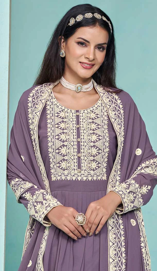 Violet Georgette Embroidered Party Wear Palazzo Salwar Kameez - 145549449