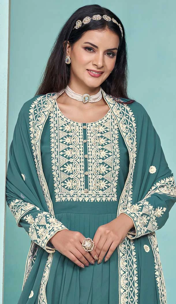 Teal Georgette Embroidered Party Wear Palazzo Salwar Kameez - 145549450