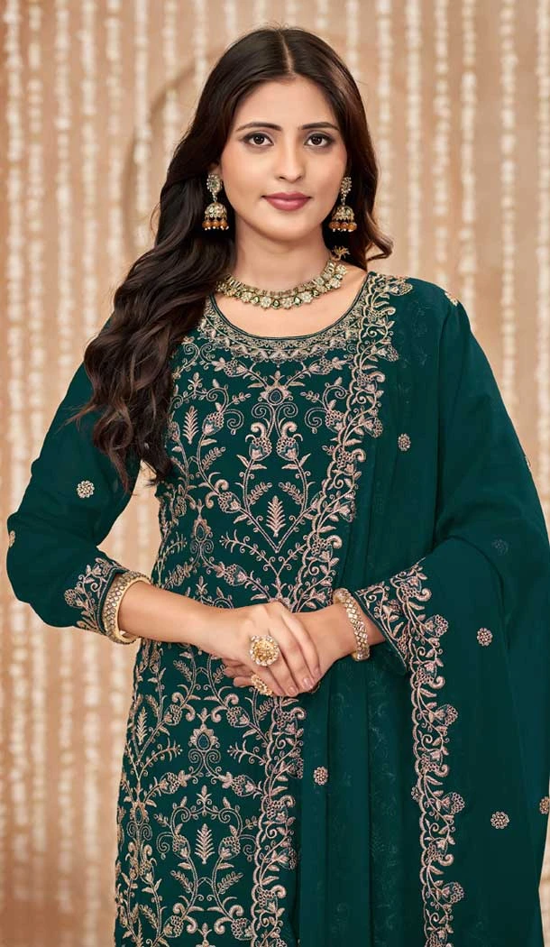 Faux Georgette Embroidered Designer Salwar Suit In Rama Green Color - 145569456
