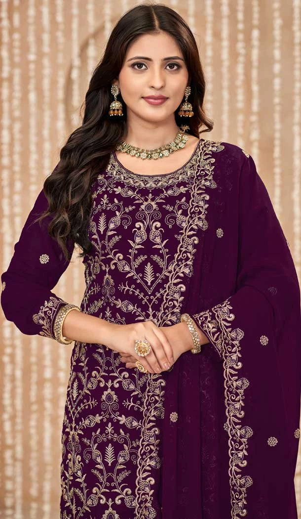 Faux Georgette Embroidered Designer Salwar Suit In Wine Color - 145569457