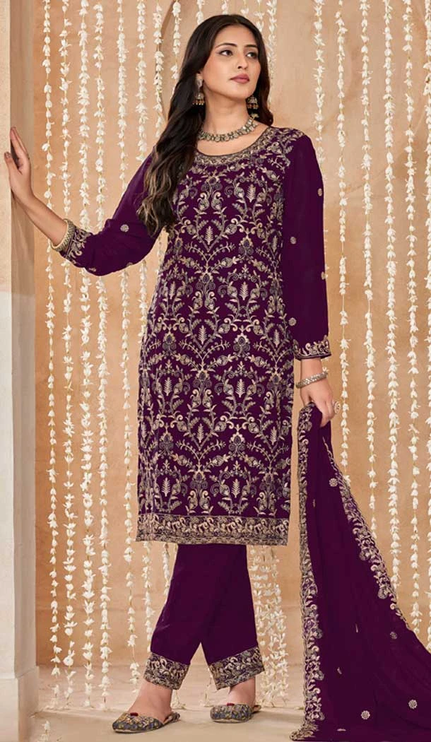 Faux Georgette Embroidered Designer Salwar Suit In Wine Color - 145569457