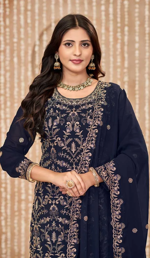 Faux Georgette Embroidered Designer Salwar Suit In Blue - 145569458